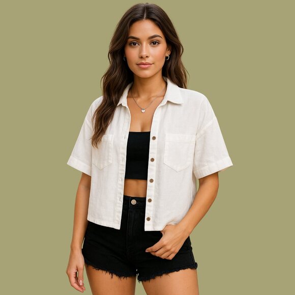 Shein Linen-Blend Cropped Button-Up Shirt – Size M (Casual Summer Style) - Picture 1 of 7